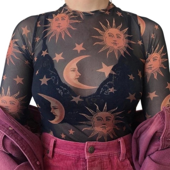 Celestial Sun Moon Sheer Mesh Crop Top - Picture 6 of 8